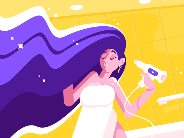 Girl with long hair blowing dry character hairdrier bathroom woman dry.png