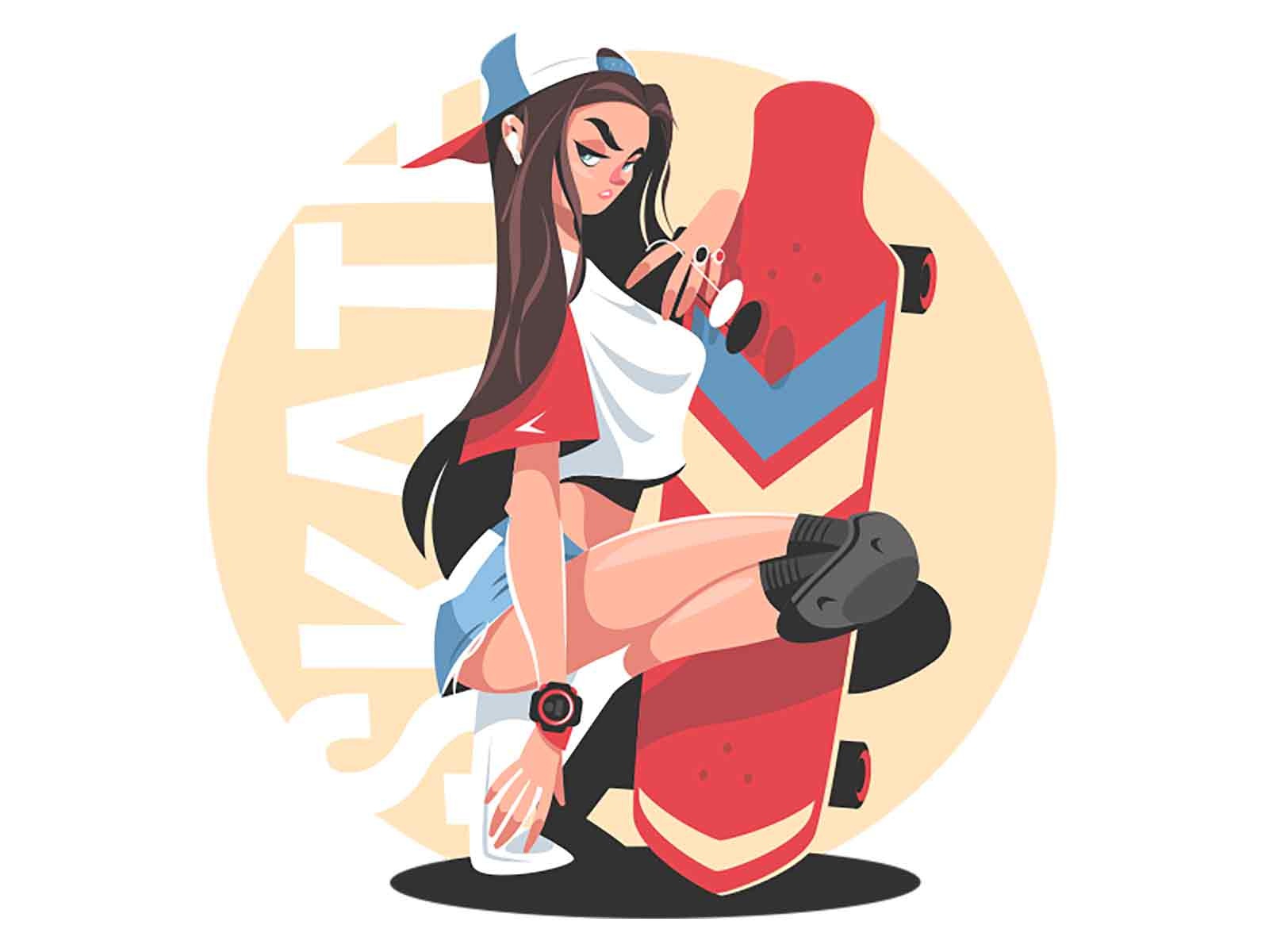 Girl with skateboard longboard people sport character flat vector illu.jpg