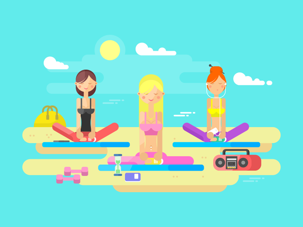 Girls doing yoga metitation balance character beach fitness sport yoga.png