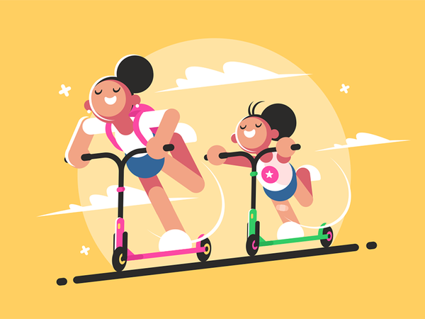Girls riding kick scooter kit8 flat vector illustration character walk.png