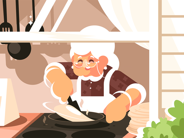 Grandma in kitchen cooking dinner character pancake baking granny cook.png