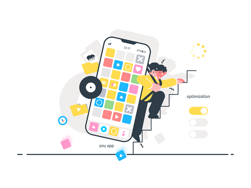 Guy climbing stairs with heavy smartphone on back kit8 flat vector ill.png
