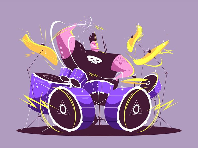 Guy drummer and drum set kit8 flat vector illustration character play.png