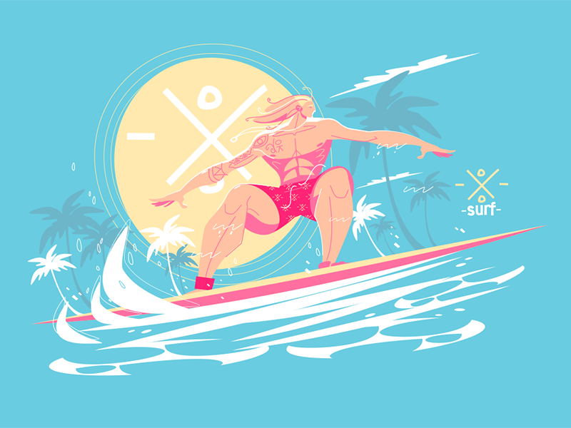 Guy riding a surfboard on the crest of a wave kit8 flat vector illustr.png