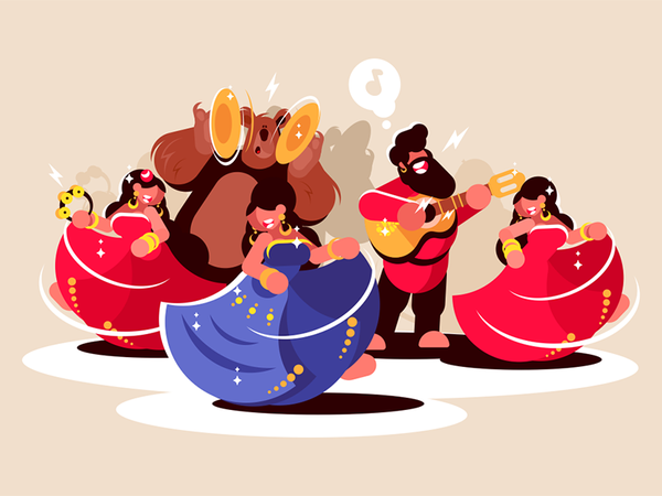 Gypsy ensemble dancing character bear man women instruments playing da.png