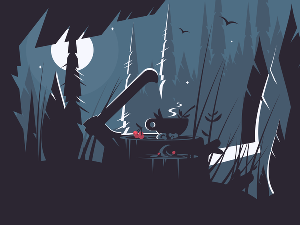 Herbs tea on wooden stump axe dark moon night tea forest wood illustra.png