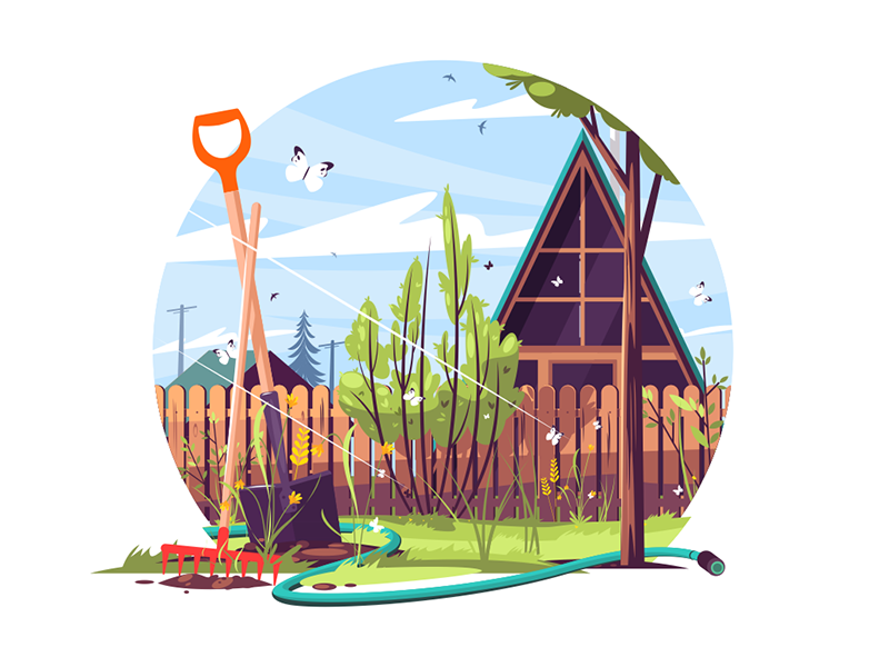 House and garden exterior kit8 flat vector illustration rake shovel ba.png