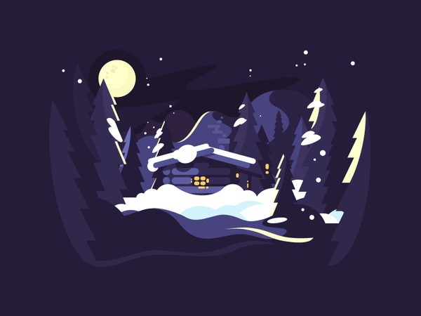 House in woods night snow christmas woods forest building house illust.png