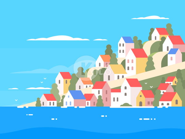 Houses on Greece coast ocean mountain travel vocation house greece ill.png