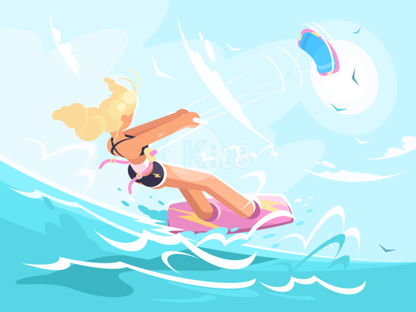 Kitesurfing sea woman girl character summer surf board kite illustrati.png
