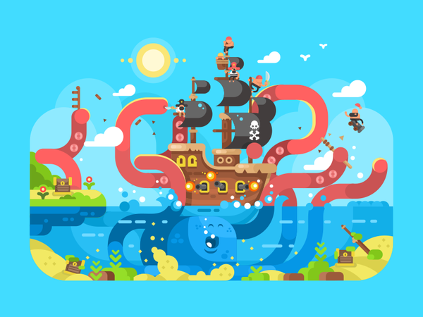 Kraken attack  ocean sea attack ship pirates kraken character illustra.png