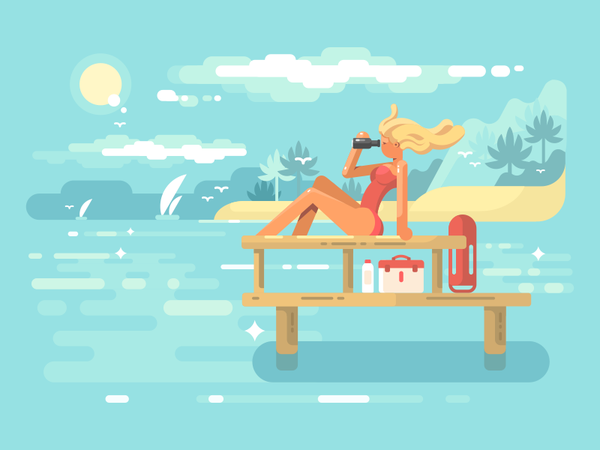 Lifeguard girl sea ocean pier saver guard life beach illustration vect.png