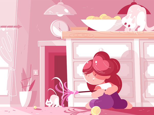 Little young girl playing with cat character room pink cat playing gir.png
