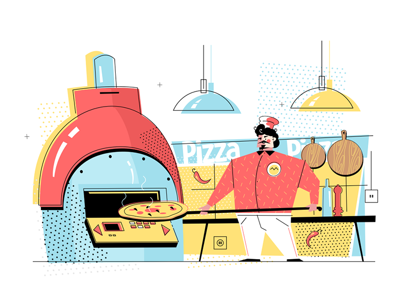 Man baking pizza kit8 flat vector illustration cook uniform character.png
