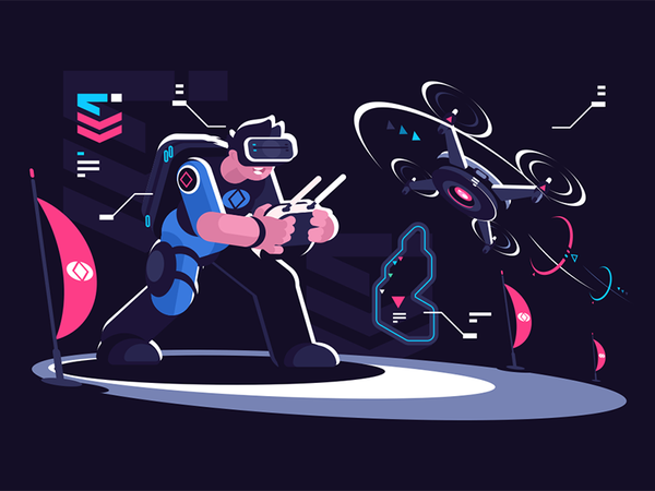 Man controlling flying drone character quadcopter glasses reality virt.png