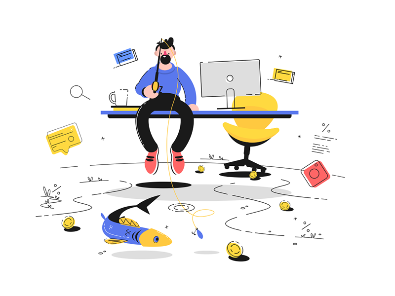 Man fishing in office kit8 flat vector illustration character table si.png