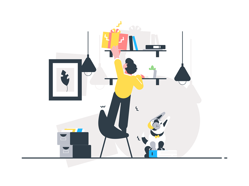 Man trying to reach gift box lying on shelve kit8 flat vector illustra.png