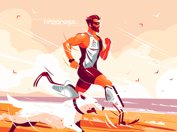 Man with prosthetic legs running on seashore kit8 flat vector illustra.png