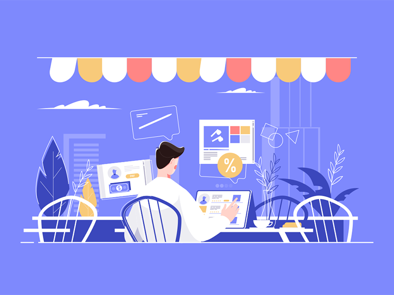 Man working in cafe with tablet kit8 flat vector illustration characte.png