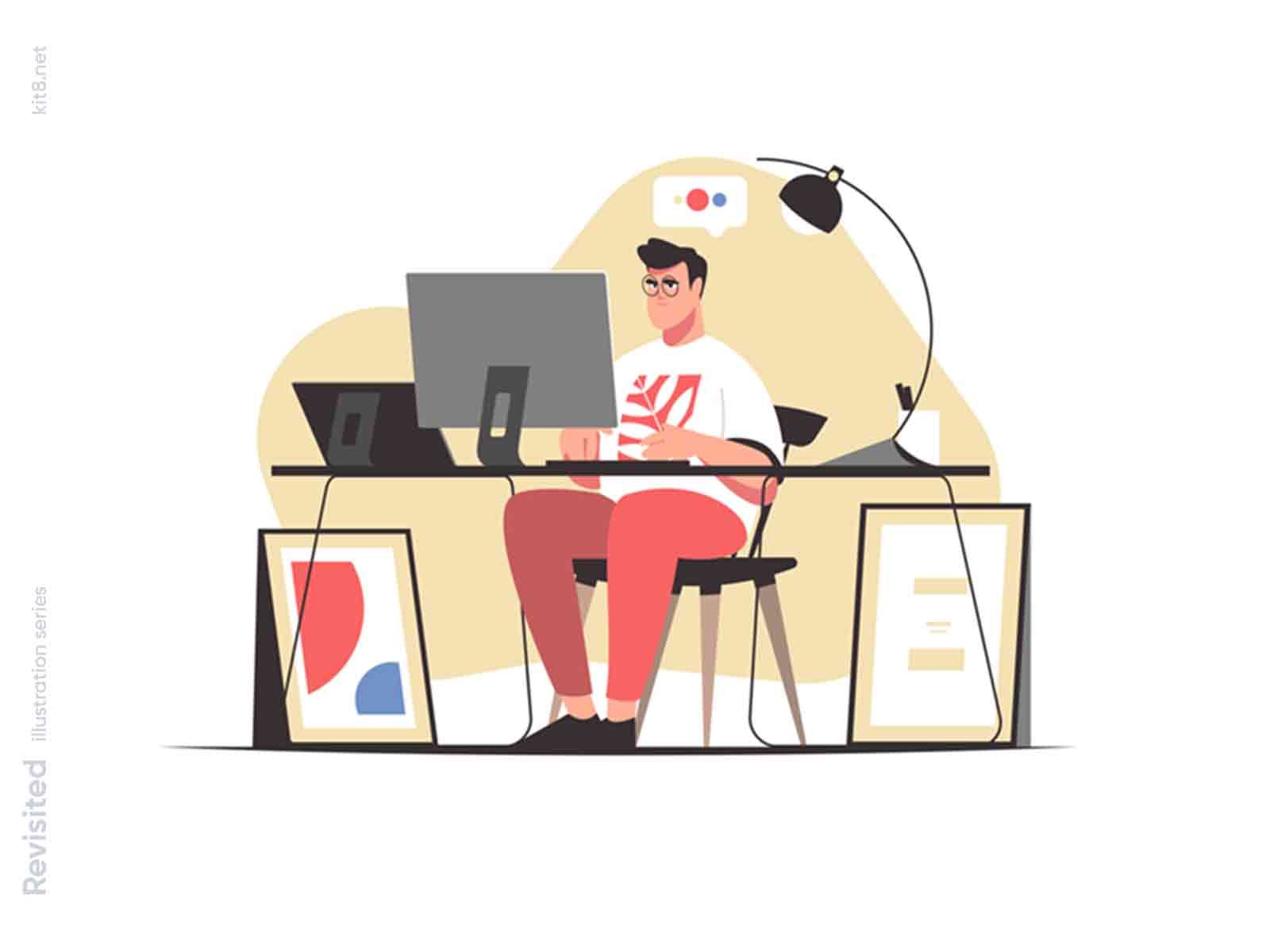 Man working on computer illustration stool paintings home lamp busines.jpg