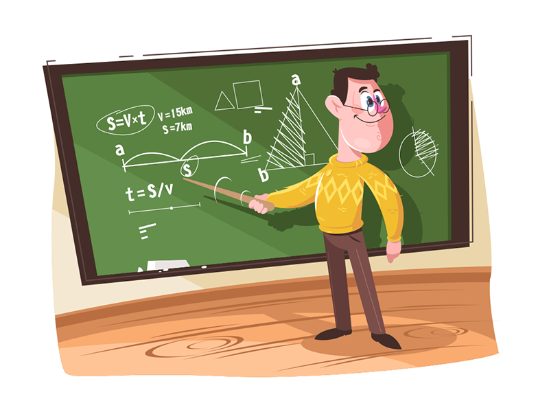 Maths teacher pointing at board kit8 flat vector illustration characte.png