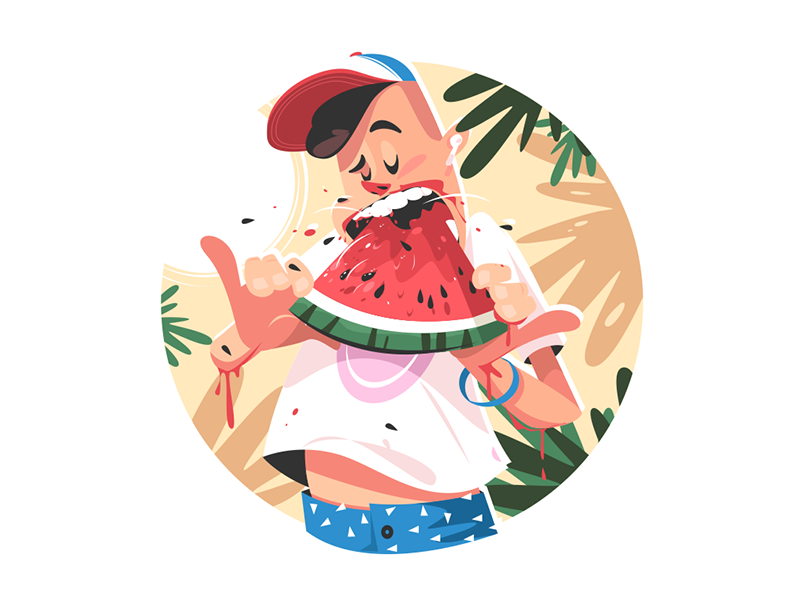 Mellow summer fruit kit8 flat vector illustration character eating boy.png
