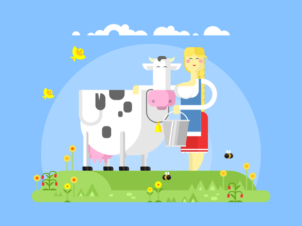 Milkmaid and cow birds farm milkmaid cow illustration vector flat kit8.png