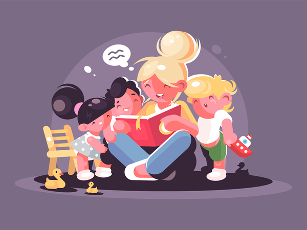 Mom reads fairy tale book for kids character children group teacher ki.png