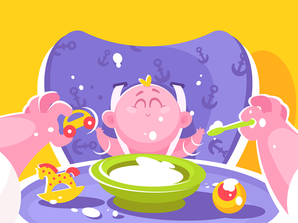 Mother feeding little baby character feeding plate child toy spoon hol.png