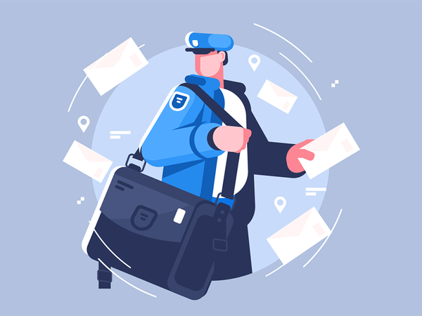 Postman with bag delivering letters character uniform man letter deliv.png