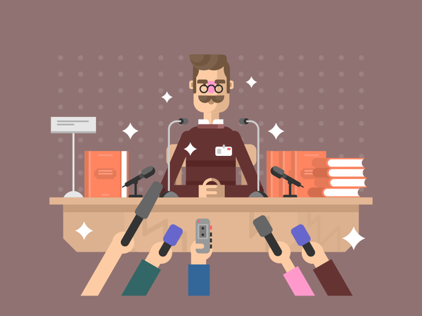 Press conference presentation book table microphone character man conf.png