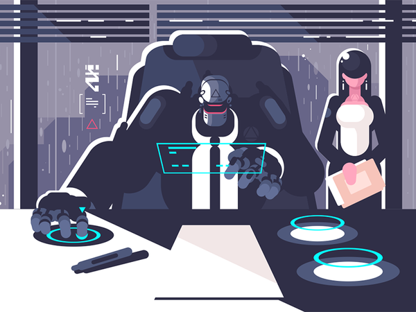 Robot boss with woman secretary character cyborg droid office secretar.png