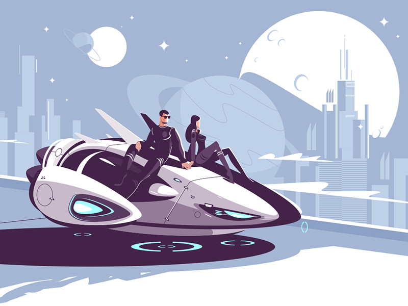 Romantic couple in levitating car resting kit8 flat vector illustratio.png