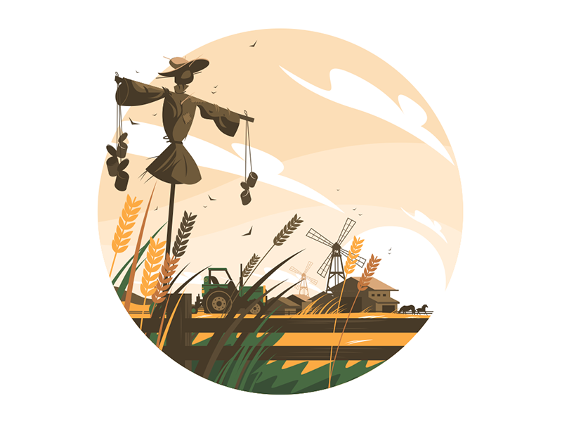 Rural nature scene kit8 flat vector illustration meadow scarecrow scen.png