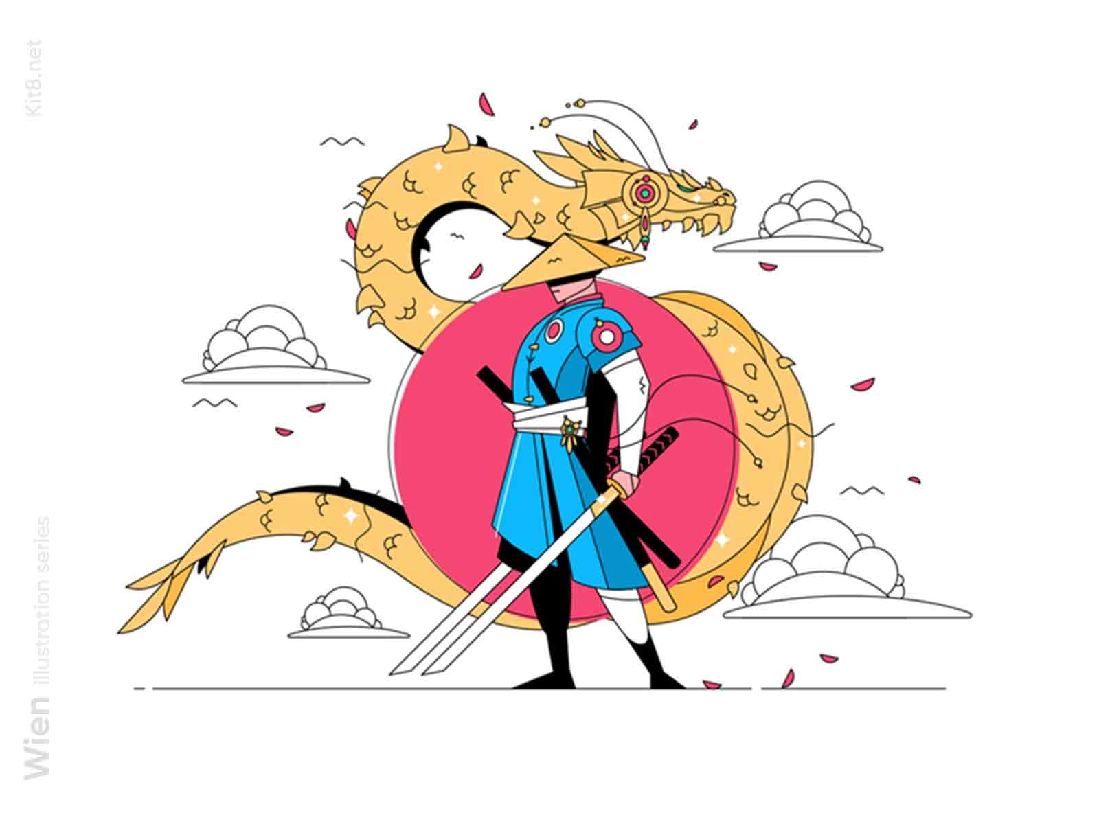 Samurai and dragon illustration line linear sword worrior japan katana.jpg