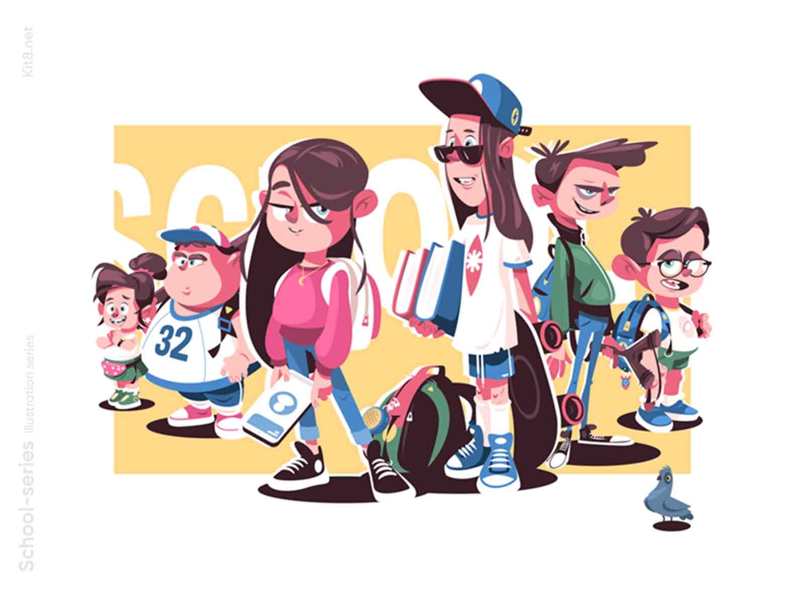 School kids character illustration series books backpack learn kids ki.jpg