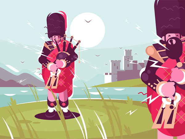 Scottish men bagpipers character sunset musician national dress tradit.png