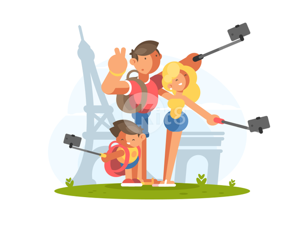 Selfie tourists eiffel paris travel vocation selfie illustration famil.png