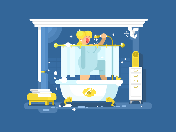 Singing in shower girl character singing woman shower illustration vec.png