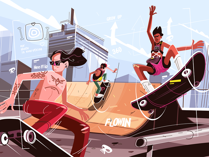 Skateboarders in urban park kit8 flat vector illustration guy park ska.png
