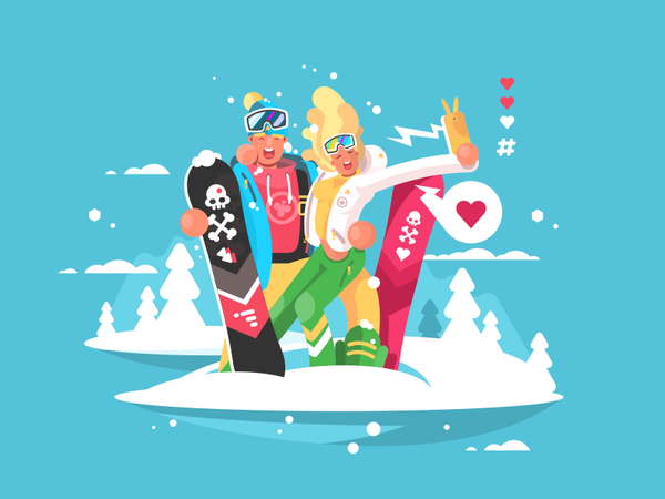 Snowboarders couple happy character skiing snowboarders illustration v.png
