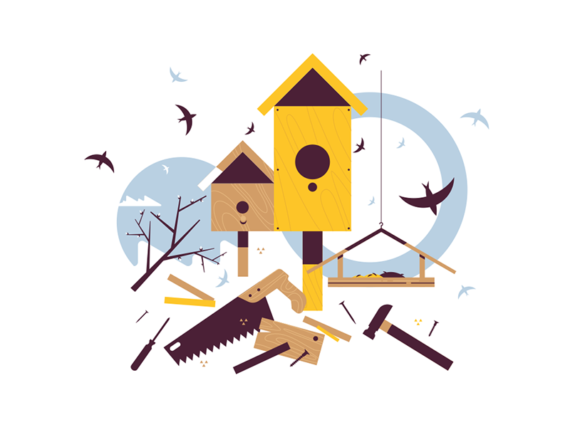 Spring starling sitting on wooden birdhouse kit8 flat vector illustrat.png