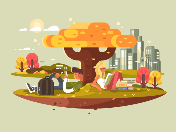 Students studying book outdoor park boy girl student character illustr.png