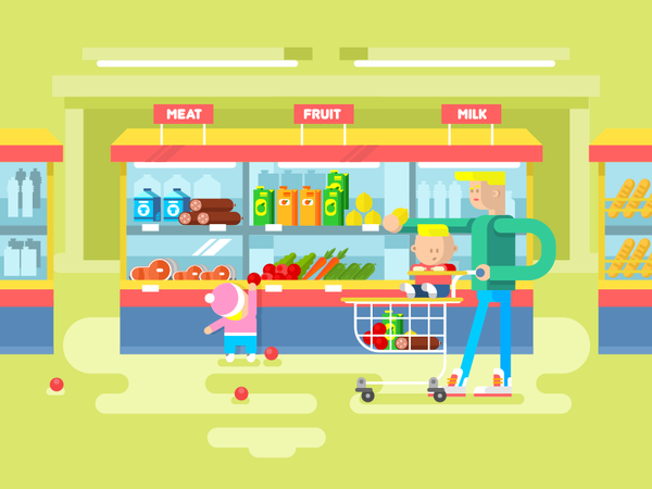 Supermarket showcase basket food father kid child family illustration.png