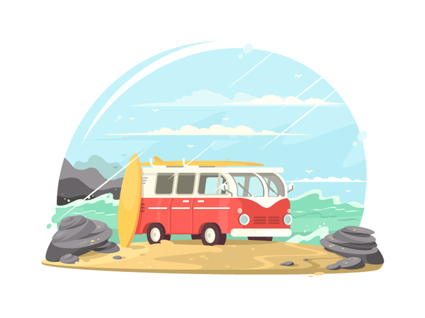 Surfing van vintage retro surfing surf beach vehicle van travel illust.png