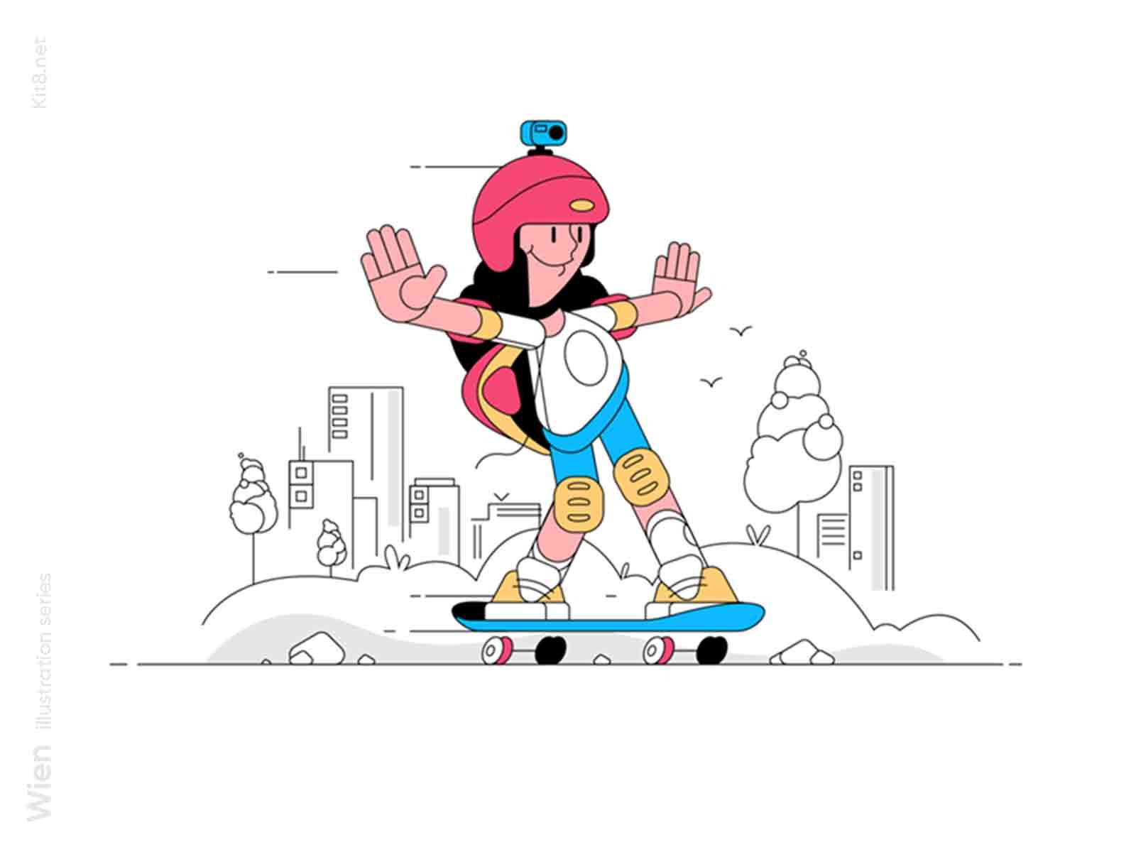 Teen on skate illustration linear line cityscape skateboarding skater.jpg