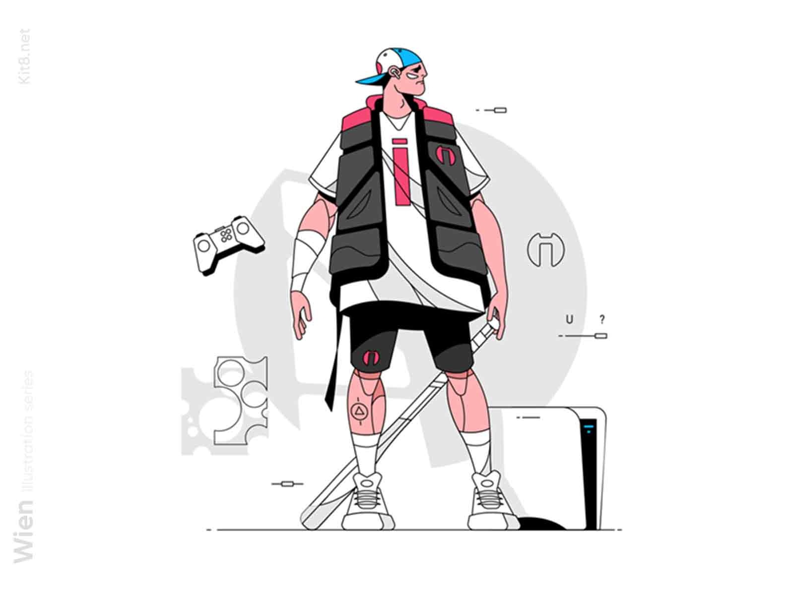 Well dressed dude with bat illustration stroke line style gamers conso.jpg