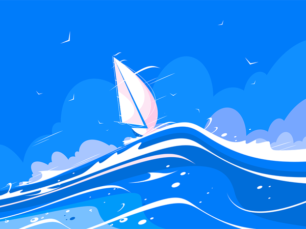 White sailing yacht kit8 flat vector illustration waves sea floating b.png