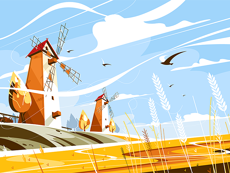 Windmill near wheat field kit8 flat vector illustration vanes sails bu.png