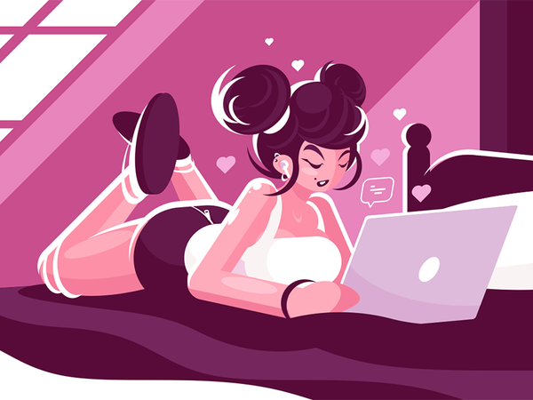 Woman lies on bed and using laptop character media social online girl.png